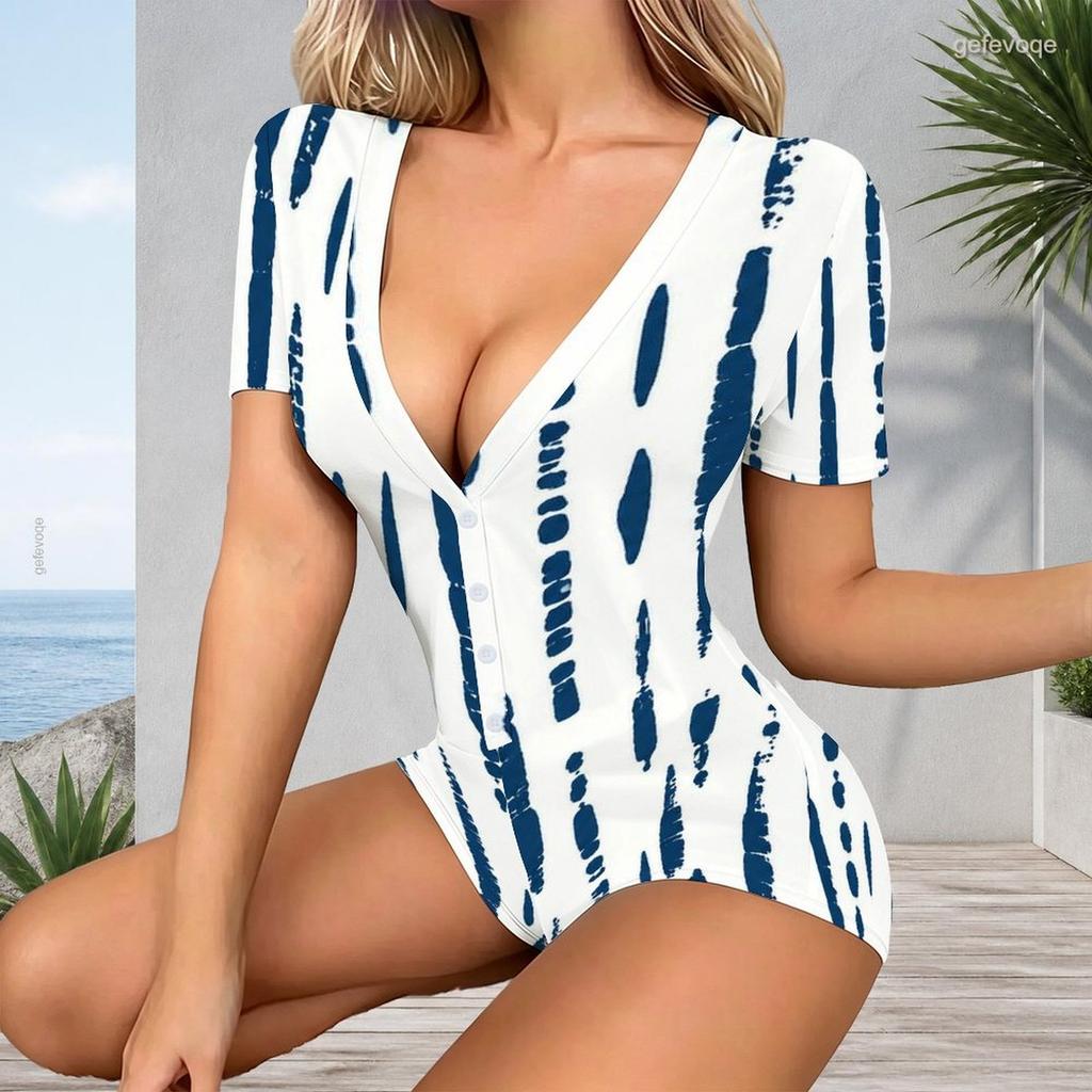 Women Plus Size Black White Printed Romper V Neck Short Sleeve Button Front Fitted Waist