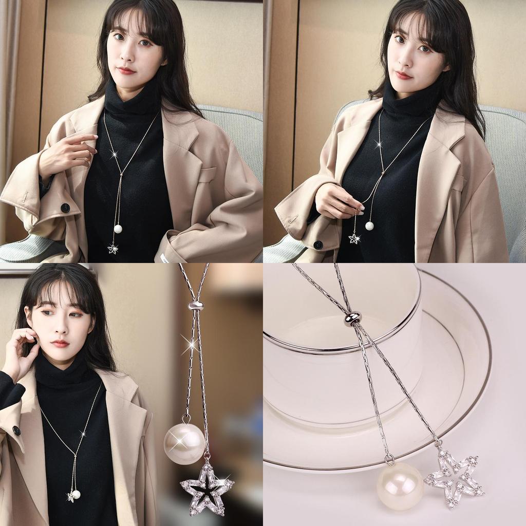 Fashionable Long Chain Star Shaped Pendant Necklace With Pearls Sparkling Design