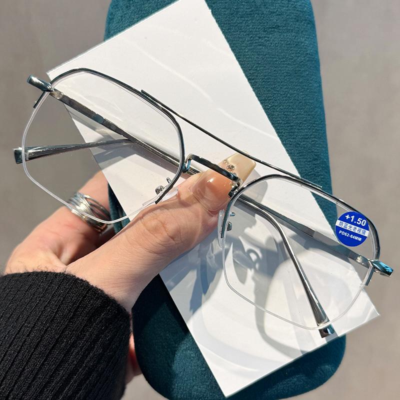 Retro Double-Bridge Square-Frame Presbyopia Glasses Stylish Metal Half-Frame Blue Light Blocking Reading Glasses Men Goggles