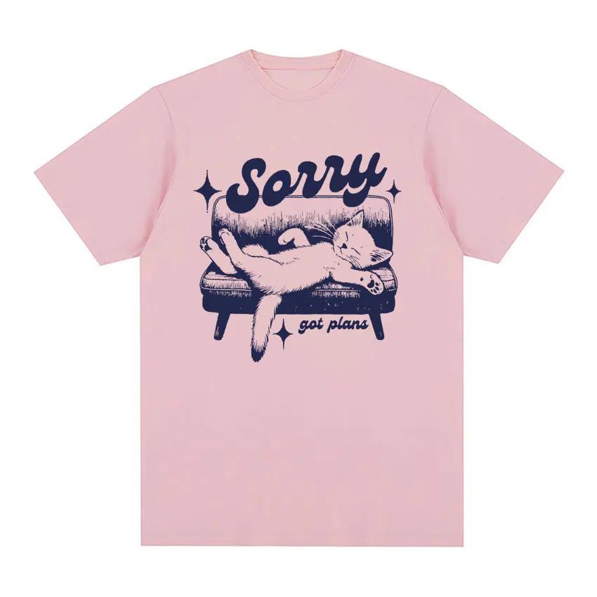Sorry Got Plans Funny Cat Meme Vintage Graphic T Shirts Men Women's Fashion Trend Tops T-shirt Summer Casual 100% Cotton T Shirt