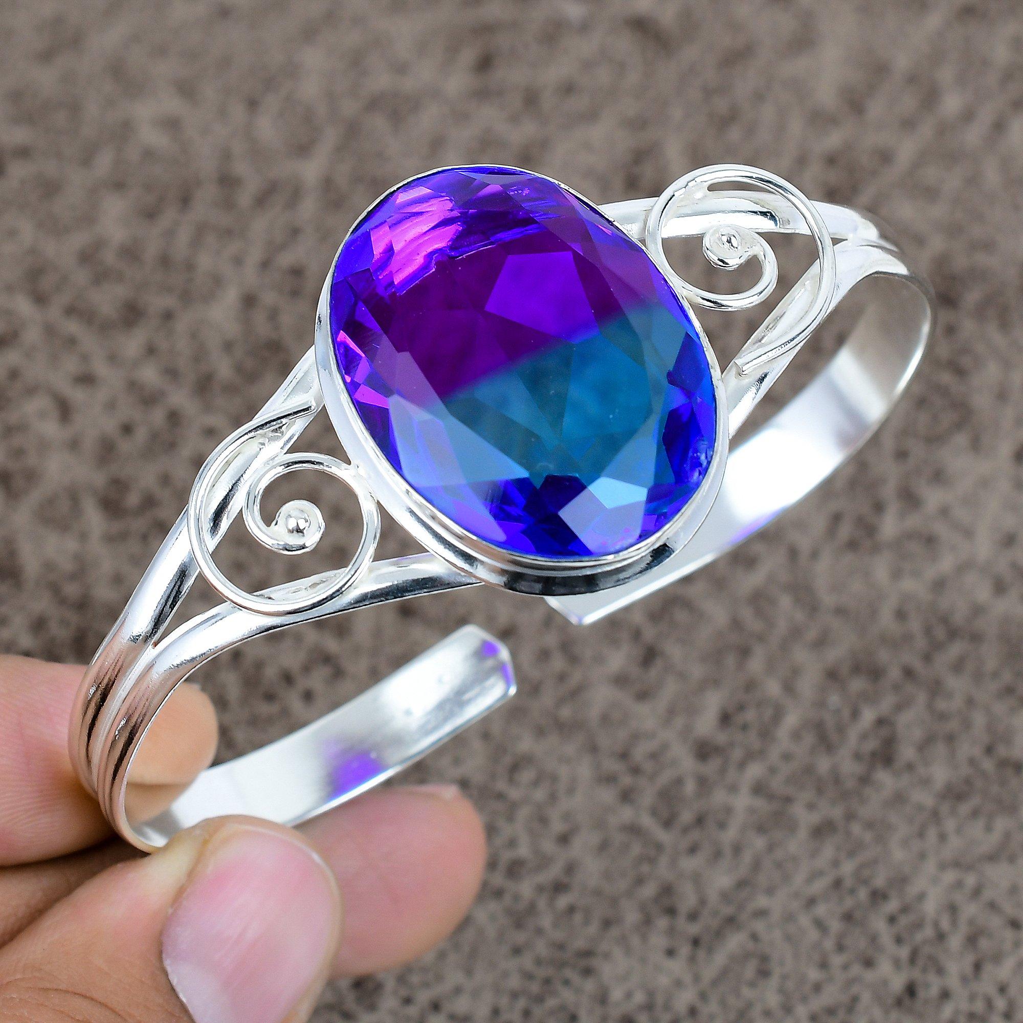 

Bi-Color Tourmaline Gemstone 925 Sterling Silver Cuff Bangle Adjustable KKG-258