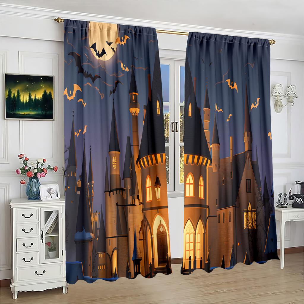 2 pieces of Halloween print curtain - Polyester material - for bedro home essentialom, living room, study - privacy curtain
