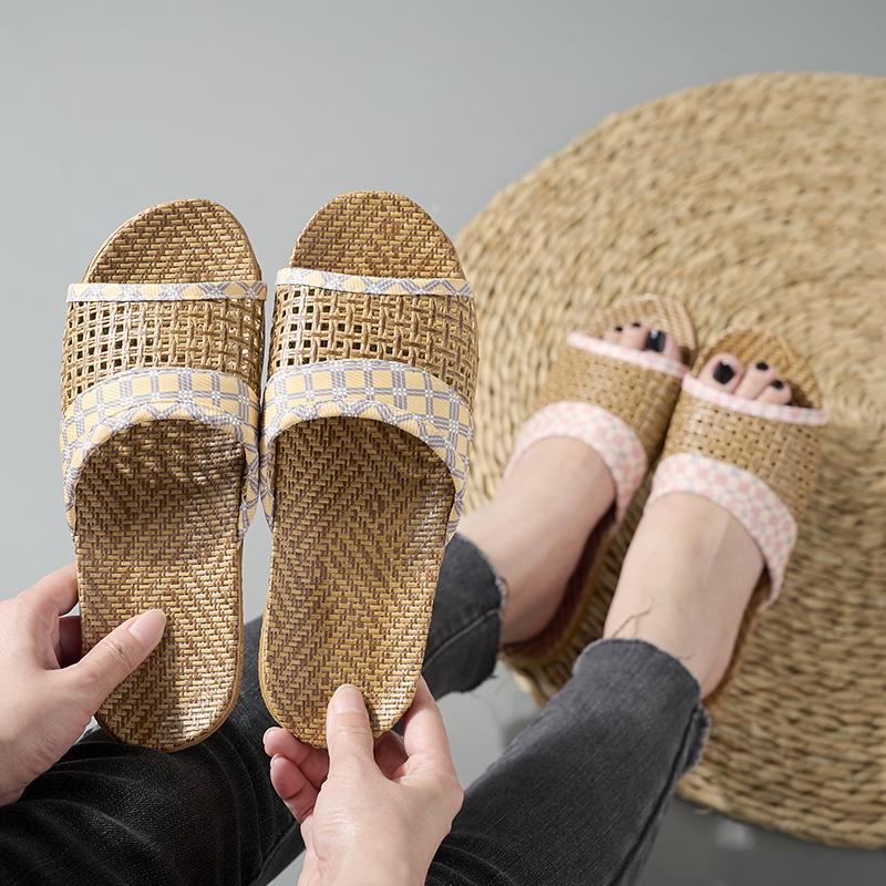 Woven Rattan Slippers With Soft Linen Lining, Casual Open Toe Slip On Shoes, Comfortable Indoor Home Slides