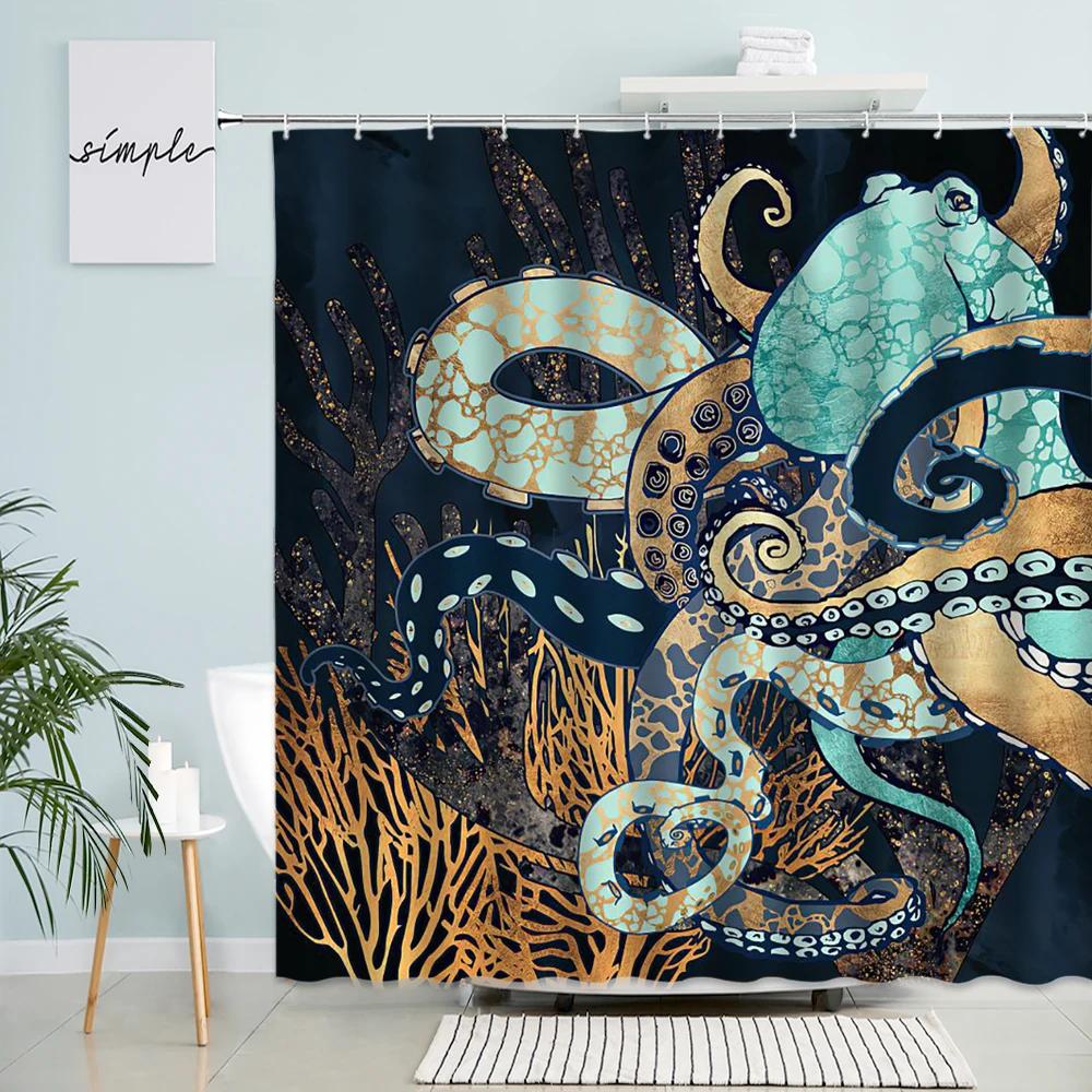 Sea Turtle Seahorse Octopus Shower Curtains Ocean Animals Tentacles Vintage Map Print Fabric Bathroom Curtain Home Decor Hooks