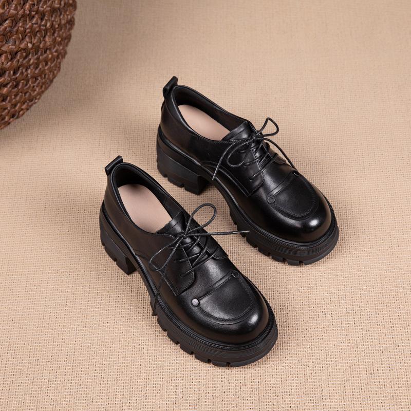 First layer cowhide loafers women's spring and autumn new leather foam muffin bottom lace-up thick-soled British style women's shoes