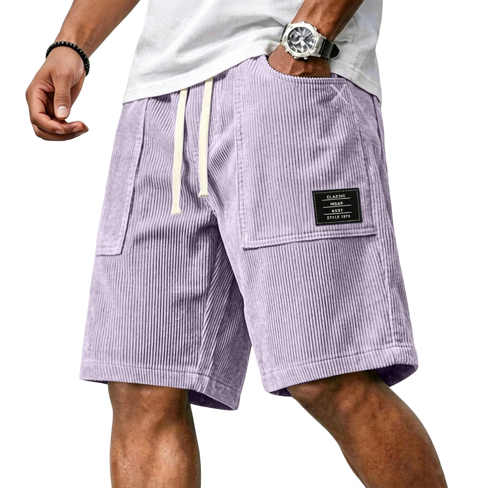 Heima E Heren Corduroy Casual Shorts met Trekkoord Taille en Patch Letterprint Ontspannen Pasvorm Knielang Broek voor Dagelijks Gebruik XXL