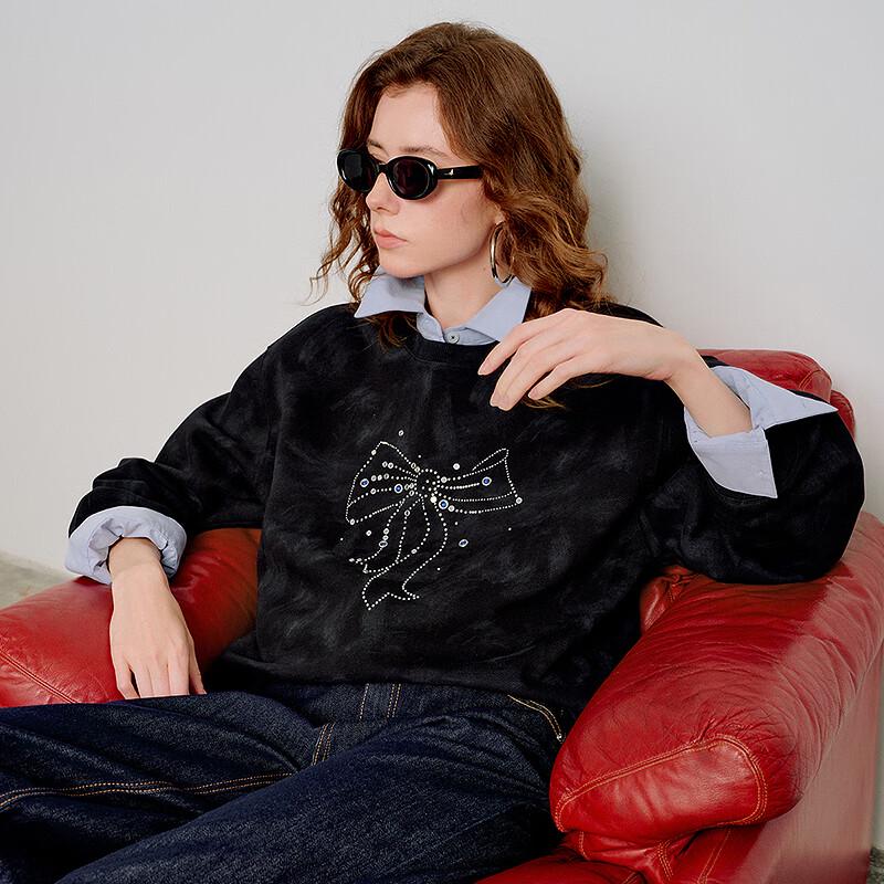 Women's Bowknot Rhinestone Cotton Blend Loose Sweatshirt