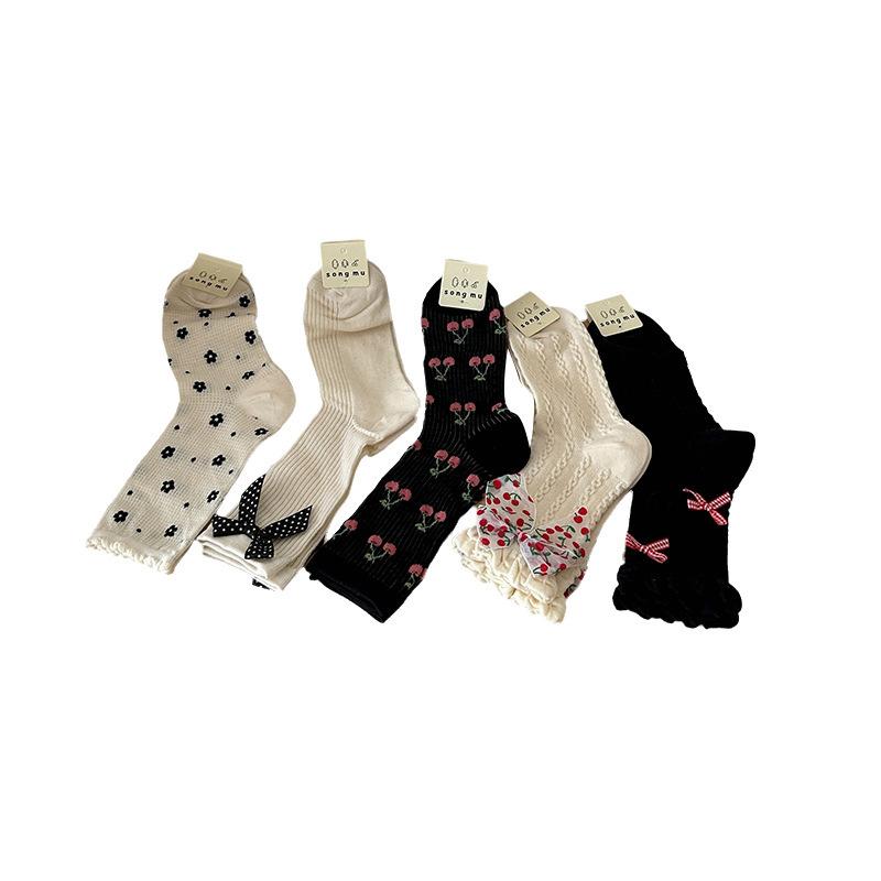 Women's Mesh, Bow, Lace, Mid-calf Socks for Spring and Summer, Thin Fruit, Cherry and Small Flower Socks, Trendy Pile Socks