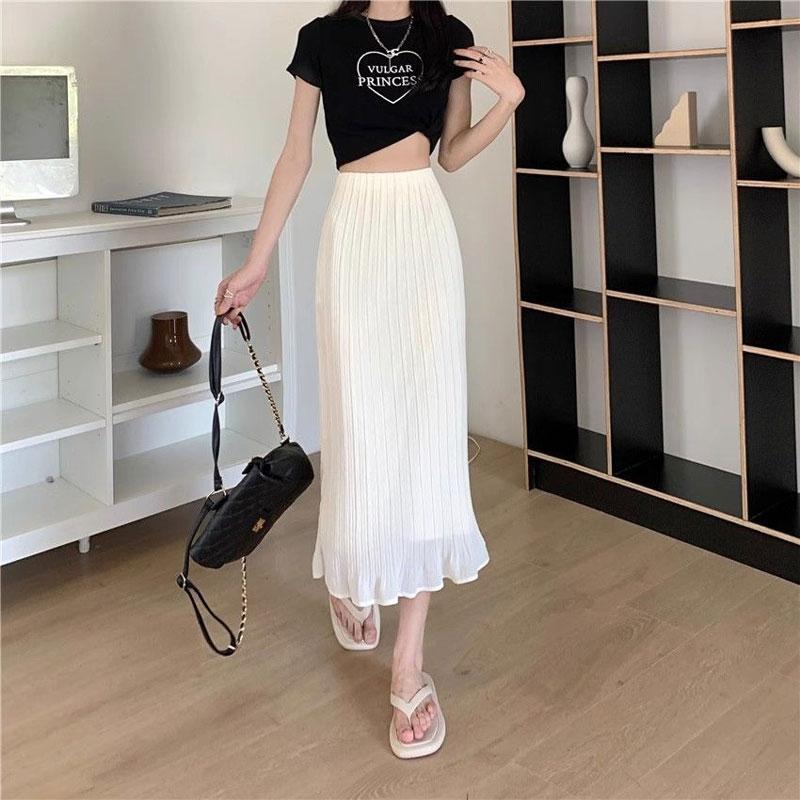 Women's Elegant Bag Hip Skirts High Waist Elastic Folds All-Match Commute Monochromatic Midi Skirts Summer Fashion