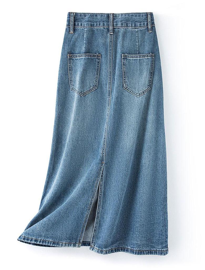 Women's Retro A-Line Denim Skirt: High Waist, Leather Patch, Back Slit, Midi Length for Hip Coverage