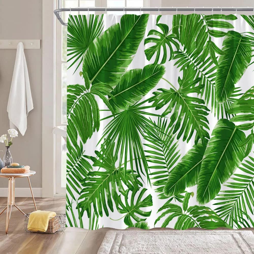 Tropical Leaves Shower Curtains Green Palm Leaf Plants Bath Curtain Set Modern Polyester Fabric Screen Bathroom Decor With Hooks