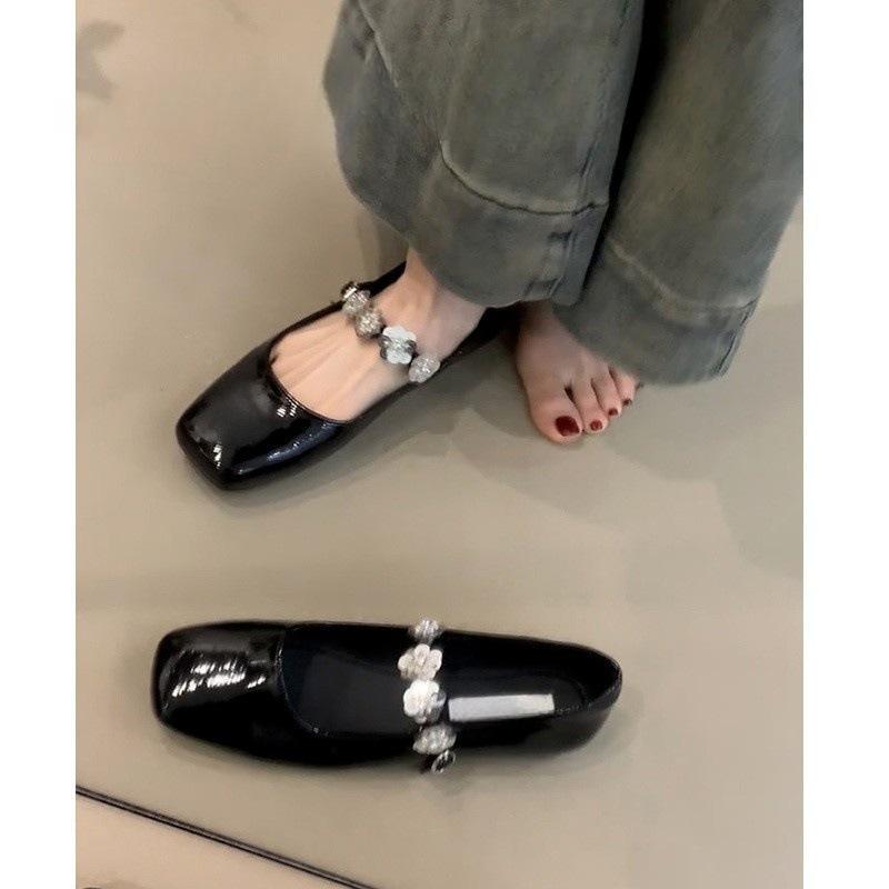 Niche square head Mary Jane shoes women's metal buckle one word with flat sole shoes evening style grandma shoes