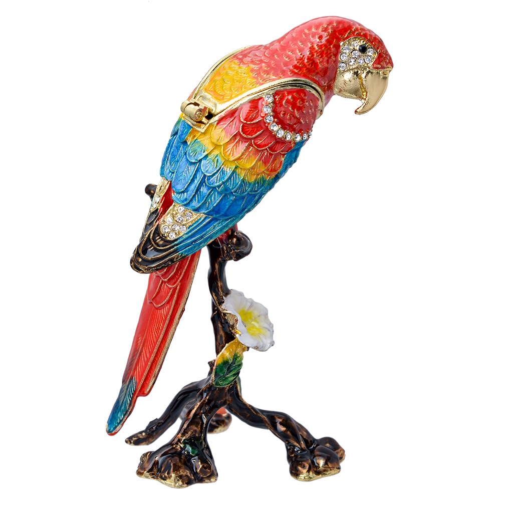 

FJ FENGZHIJIE Red Parrot Trinket Box with Enamel Bird Jewelry Home Gift for Bird Lovers Crystal, Figurine, Box, Decor,