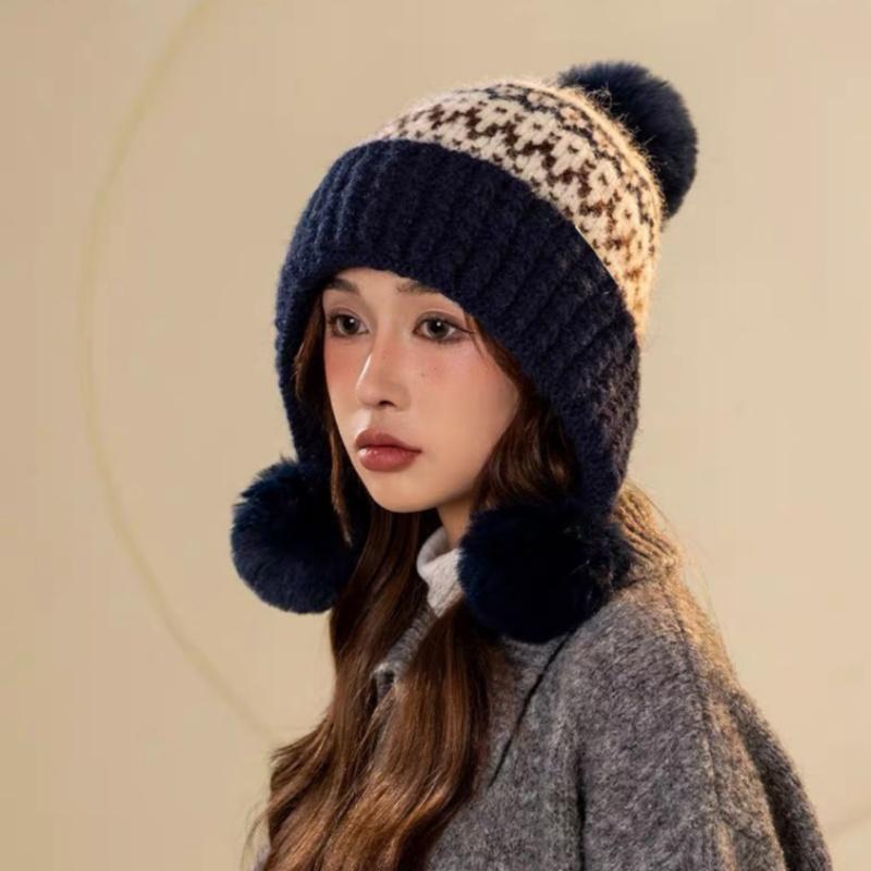 Bonnet Tricoté Rétro Style Îles Féroé pour Femmes Chapeau Chaud Automne Hiver Polyvalent Mignon Chapeau Oreilles Protection Pompon