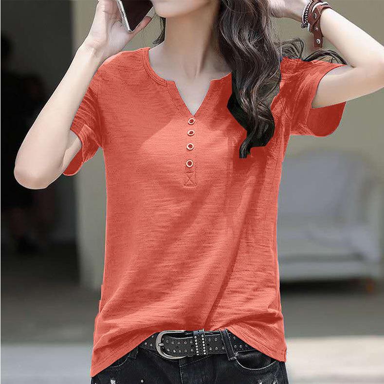 

Korean Style Loose Casual Button Decor Tops Summer Solid V-Neck Short Sleeve Women s T-Shirt 5XL червоний