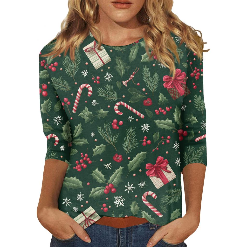 Damebluser Trekvart ermet skjorte V-hals Løs fritidsskjorte Trykk T-skjorte