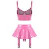 Womens Two Piece Patent Leather Lingerie Set Mesh Underwire Bra Ruffle Miniskirt Garter Belt Clubwear