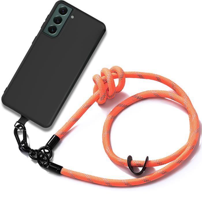 Coque Cordon pour Samsung Galaxy S22 TPU Noir Léger avec Cordon Robuste Démontable Orange