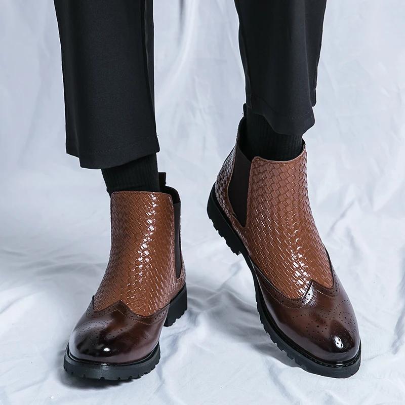 Fashion All-match Leather Shoes Men Boots Slip On Oxfords Formal Dress Chelsea High Top Ankle Boots 2025 New Business Ankle Boots Men