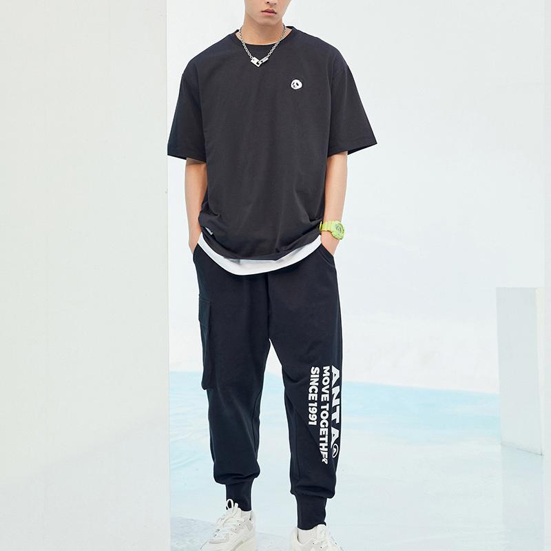 Anta Letter Logo Loose Casual Sweatpants Tapered Sport Pants Couples Style Unisex Bottoms Black 952228510-2