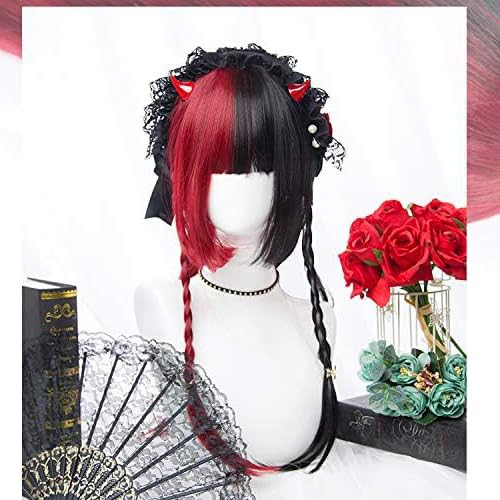 Harajuku-style Gal-kei Women's Wig, Full Wig, Long, Straight, Red and Black, Double-Colored, Lolita Wig (Red and Black)