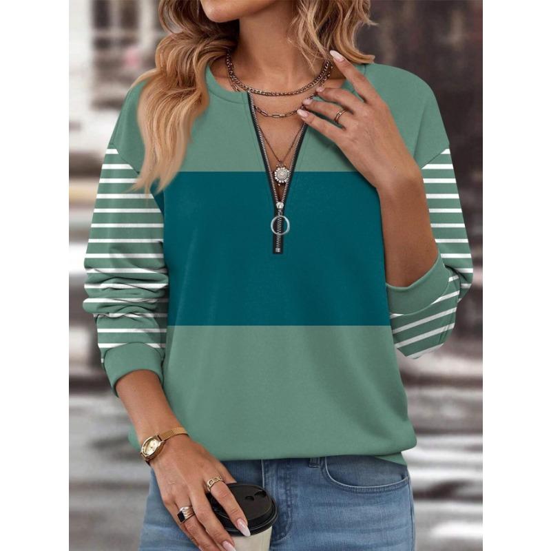 Women's elegant printed zipper long-sleeved top, stylish and versatile for autumn and winter casual and office wear, machine washable