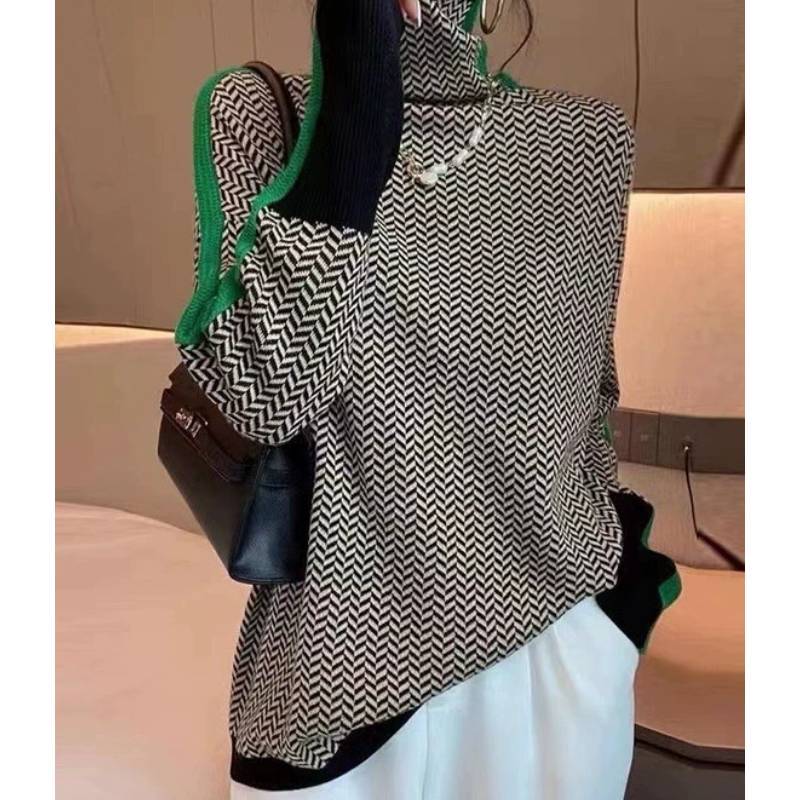 Geometrischer Strickpullover mit Farbblock-Kanten für Damen Herbst