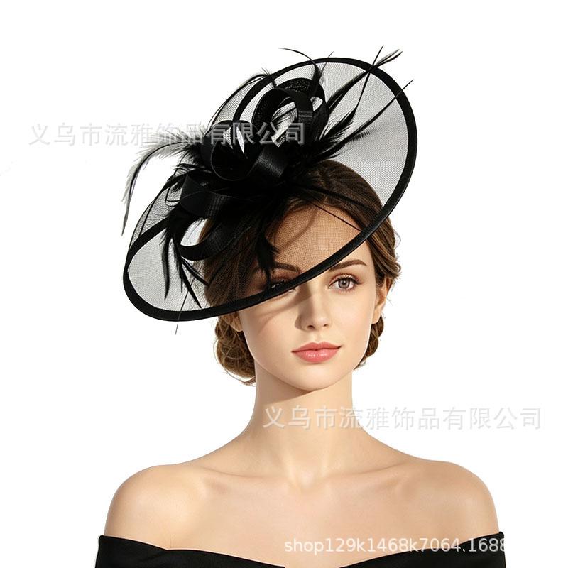 Vintage Bridal Mesh Headdress Feather Head Flower Headdress Top Hat Wedding Dress with Racing Party Headdress