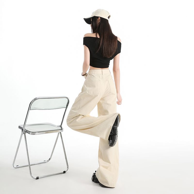 Spring Summer Light Apricot High Waist Design Relax Saber Cut Wide Leg Denim Pants For Ladies Casual Pants Oversize Denim Trousers