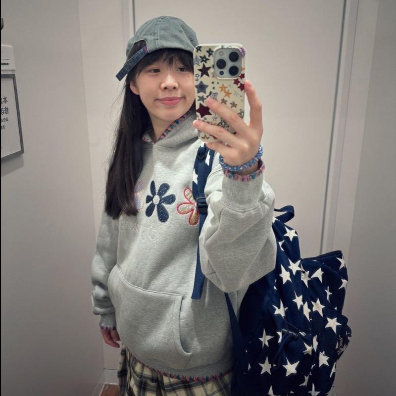 Women Casual Floral Embroidery Hooded Loose Long Sleeve Pullover Sweatshirt