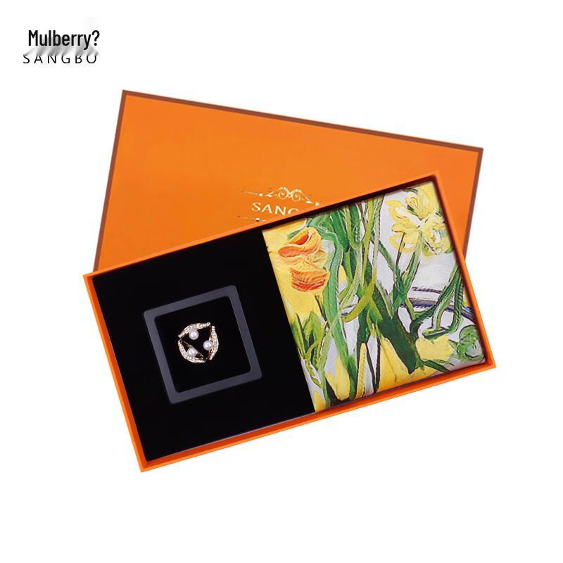 SANGBO 100% Mulberry Silk Double-Sided Printed Square Scarf with Scarf Buckle Gift Box