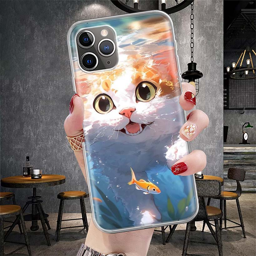 Cartoon Cute Cat Fish Aesthetic Soft Phone Case For IPhone 11 17 Air 16E 16 Pro Max 15 + 14 Plus 13 Mini 12 Apple 7 SE 8 Fundas