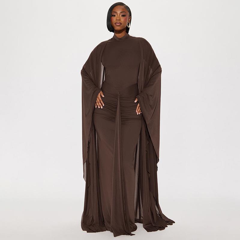 European & American Women's Backless Long Sleeve Pullover Dress with Mesh Shawl - Slimming Two-Piece Set
