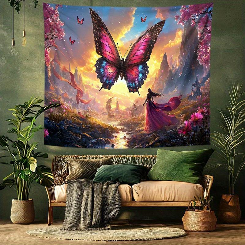 Pink Butterflies and Cherry Blossoms Digital printing polyester wall tapestry suitable for use living rooms offices bars party