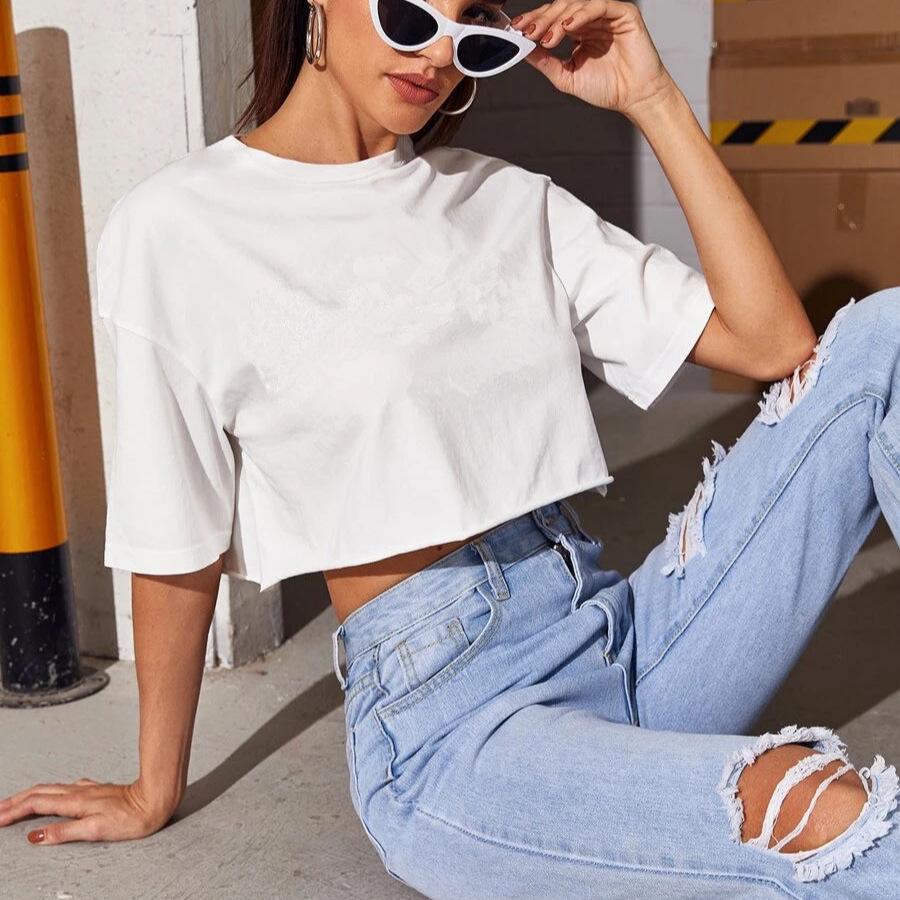 T-shirt ample à manches courtes et col rond pour femme, couleur unie