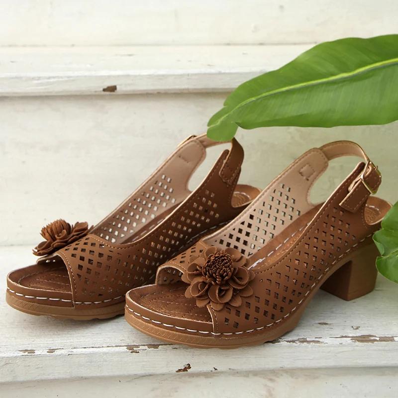 Fashion Fashion Flowers High Heels Sandals Women Back Strap Hollow Out Summer Sandles Woman 2025 Plus Size Thick Heeled Sandalias Mujer