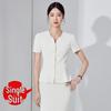 Women's Dark Blue Short-Sleeved Suit Set - Summer Professional Attire for Hotel and Jewelry Store Front Desk.