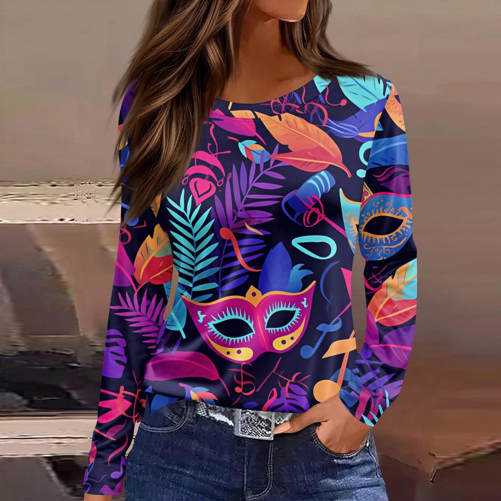 Women's Fashion Casual Slit Hem Round Neck Long Sleeve Loose Printed T-Shirt Top