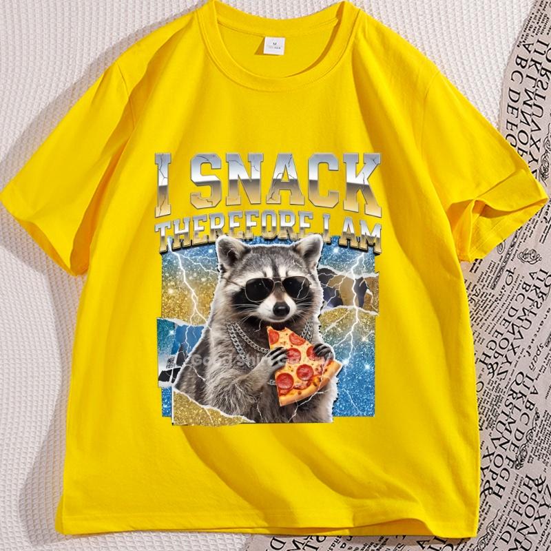 Raccoon Pizza TShirt I Snack Therefore I Am Graphic Tees Funny Animal Lover T Shirt Retro Cotton Short Sleeve Round Neck Tee