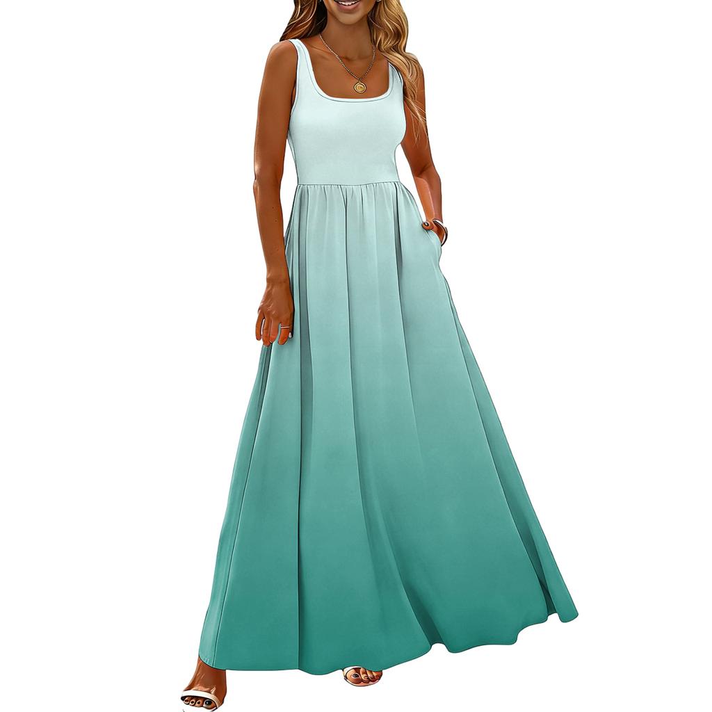 Women Sleeveless Maxi Dress Gradient Print Summer Casual Long Dress Lightweight Soft Fabric Comfortable Fit