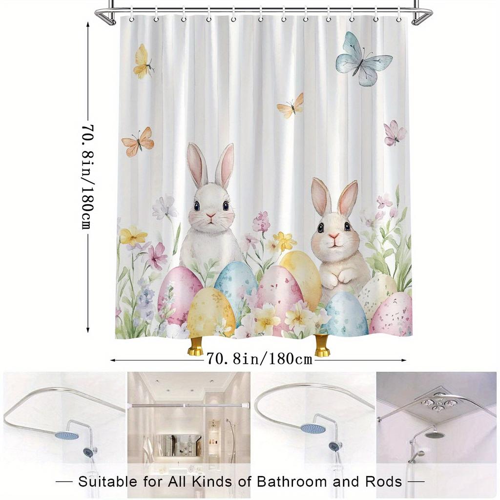 Easter Rabbit Shower Curtain - Watercolor Garden Design with Bunnies, Eggs & Butterflies, Festive Spring Theme, Polyester