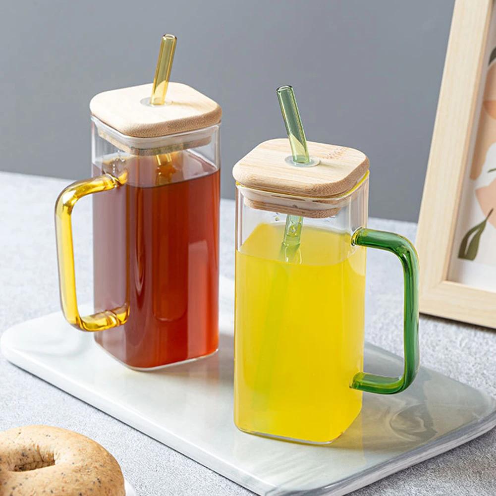 Microwave Safe Square Glass Cup 400Ml Transparent Glass Mug With Lid And Straw For Breakfast Coffee Milk Beer Party Use
