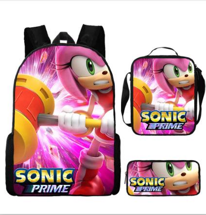 Sonic Primary School Student Schoolbag Three-Piece Set, Animation Cartoon Backpack, Shoulder Bag Pencil Case