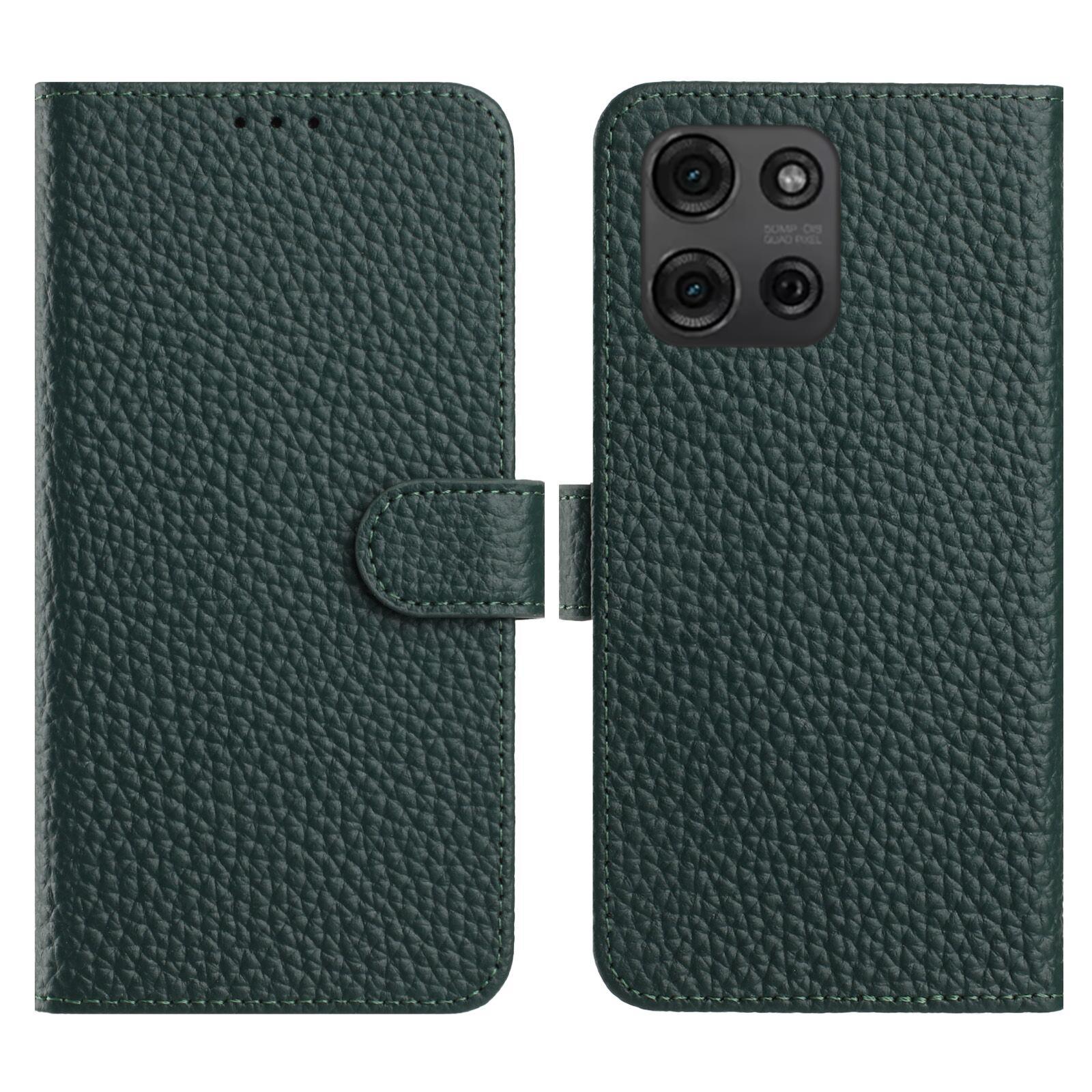 

For Motorola Moto G75 5G Case Wallet Stand Litchi Texture Genuine Cow Leather Flip Phone Cover Green