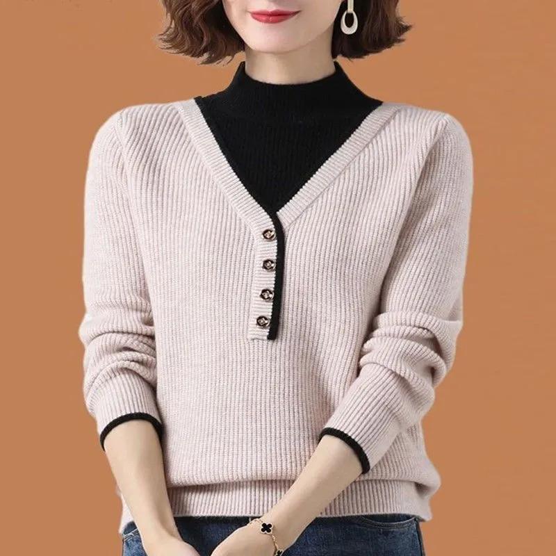 Autumn and Winter Half Turtleneck Sweater Women's Loose Fashion Fake Two-piece Thick Knitted Bottoming Shirt