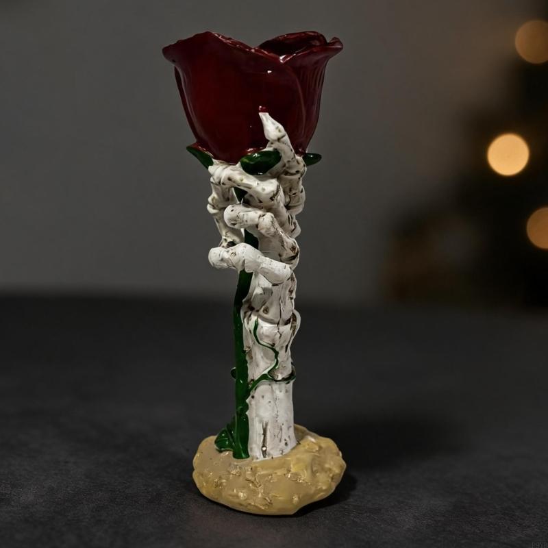Skeleton Hand Rose Tealight Holders Gothics Skull Hand Holders with Rose Desktop Ornament Halloween Decorations