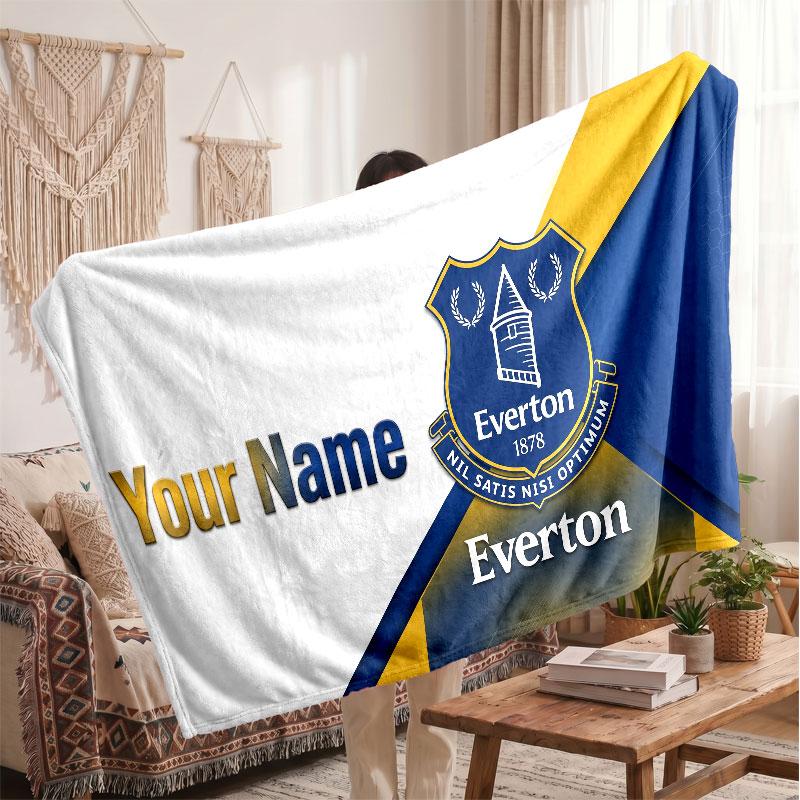 Everton FC Personalized Fleece Blanket With Football Logo, Custom Name Text Soft Warm Home Throw Blanket