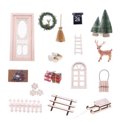 Weihnachtsszene Puppenhäuser Zubehör Mit Miniaturkranz und Rentier Türdekorationen Feiertagsgeschenk