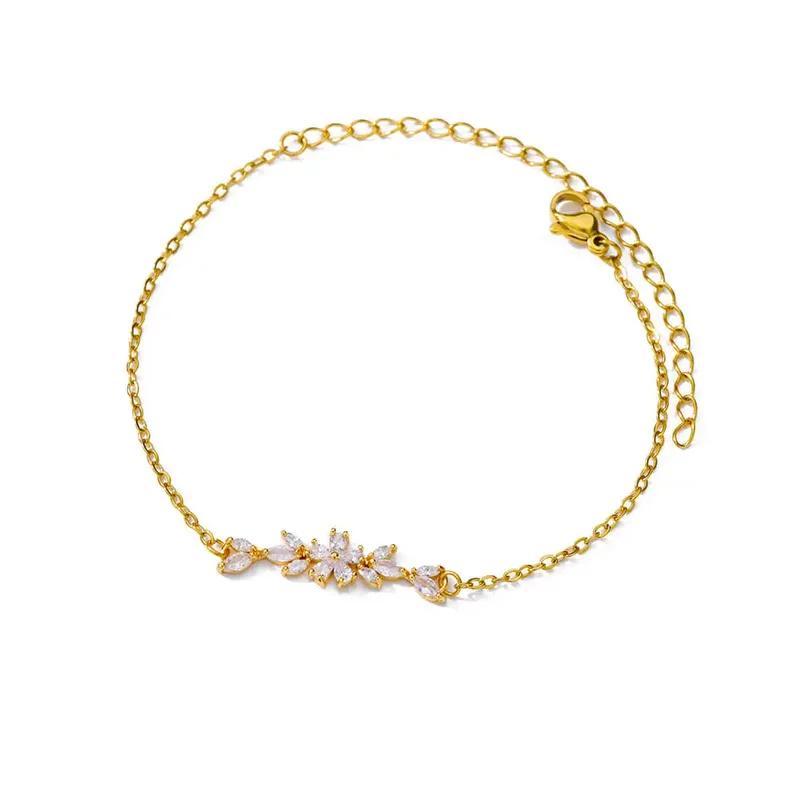 

New Fashion Style White Zircon Flower Bracelet For Women Gold Color Stainless Steel Bracelet Wedding Party Jewelry Accessories