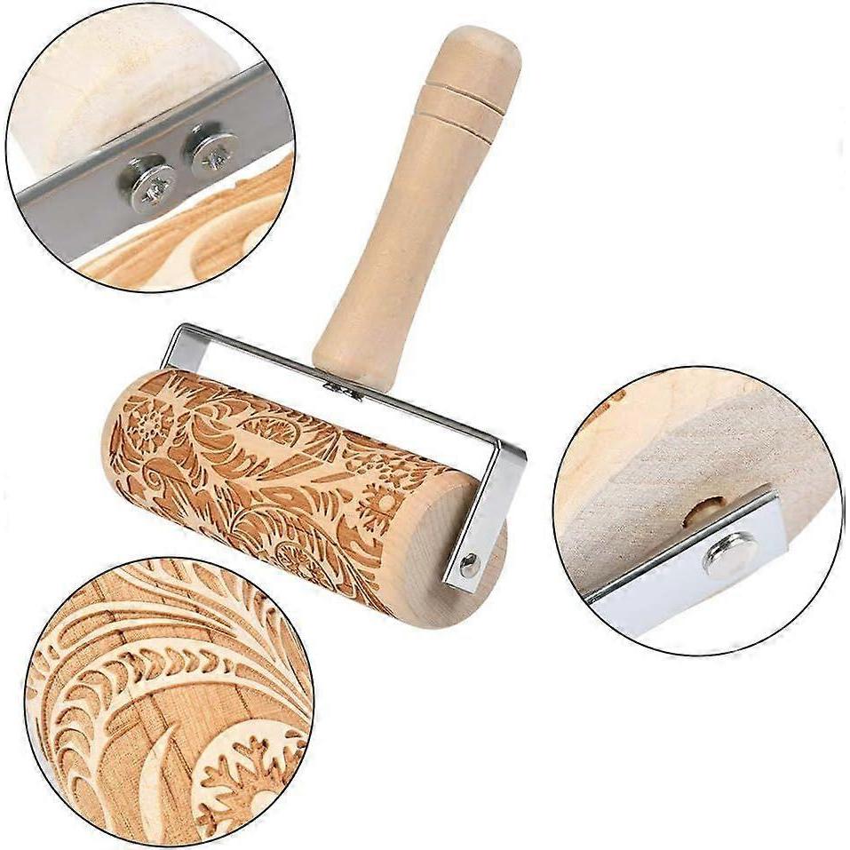 Wood Embossed Rolling Pins 3D Engraved Rolling Pin, Push Style Metal Bearing